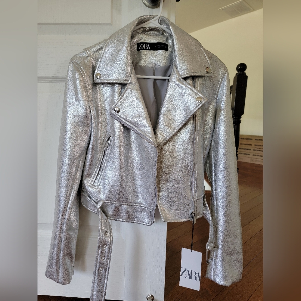 NWT Zara Metallic Silver Biker Jacket Size Small